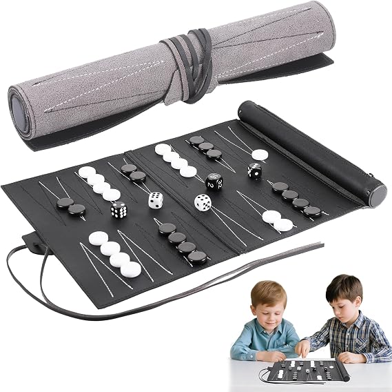 Starvortex Travel Backgammon Set, Roll-up Backgammon Set, Luxury PU Leather Backgammon Travel Set, Portable Back Gammon Board Game with Backgammon Pieces, Travel Games for Adults, Campers, On-the-Go