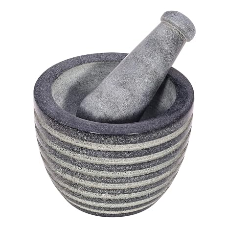 Mortar and Pestle, Made of Heavy Duty Polished Hard Stone, Natural Stone Grinder For Spices, Pastes, Herbs, Seasoning etc. (Black with Rings)