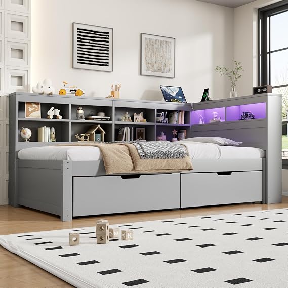 3ft Single Daybed with Two Storage Drawers and Beside Storage, LED Modern Bed frame with Charging Station, Wood Bed for Living Room/Bedroom/Study Room, 90X190cm, No Mattress (Gray)