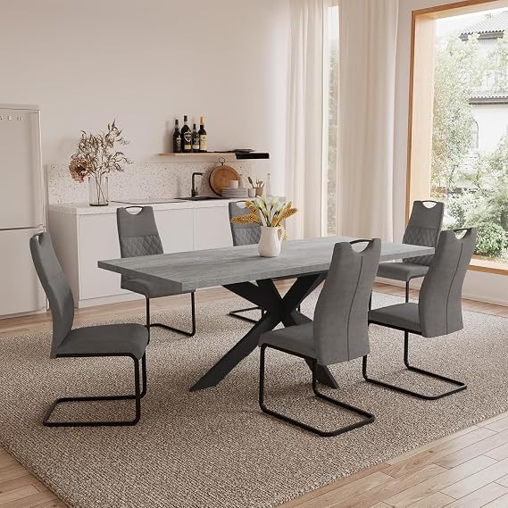 JIEXI Dining Set for 4-6 People Extendable Dining Table Modern Grey MDF Wooden Table Suitable for Living Room Kitchen Meetings