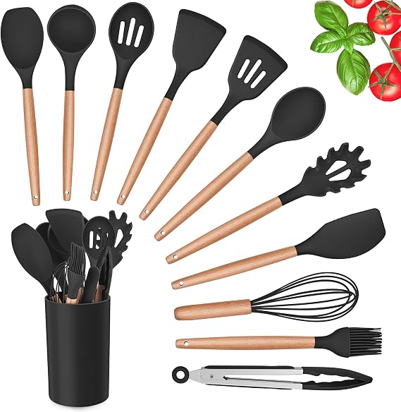 Herogo Kitchen Utensils Set 12 Pieces Silicone Kitchen Utensils Cooking Cutlery Set with Holder Heat Resistant Cookware Set with Wooden Handle Non-Stick Spatula Set - Black