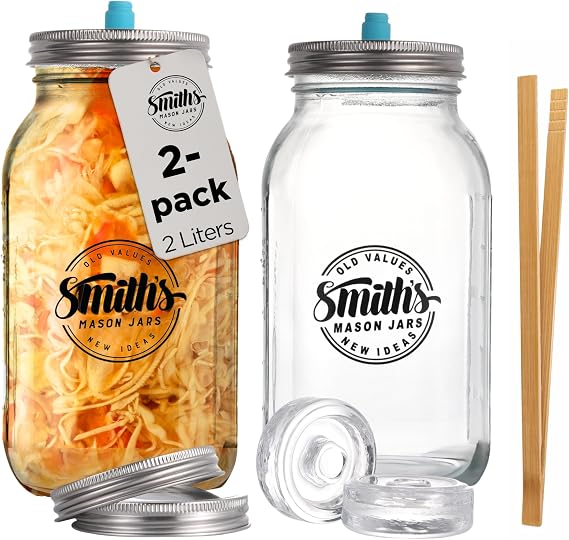 Smiths Fermentation Jars 2L – 2 Pack Glass Fermenting Jars with Airlock (1 Gas-Release Lid & 1 Storage Lid) – Used as Kimchi Container, Pickles, Kefir Jar, Kombucha, Sauerkraut Fermentation Jar