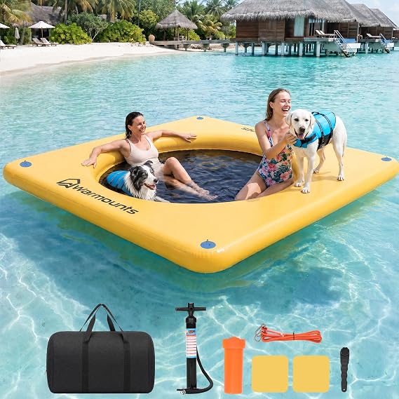 WARMOUNTS Inflatable Swimming Island Water Hammock with Mesh Centre Non-Slip Swimming Mat Swimming Platform for Lake Pool Sea Swimming Platform for Adult Dogs Includes Pump Bag Rope