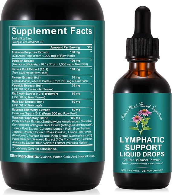 Lymphatic Drainage Drops,21 in 1 Lymph System Support Supplement,for Daily Lymph Cleanse & Immunity 60ML