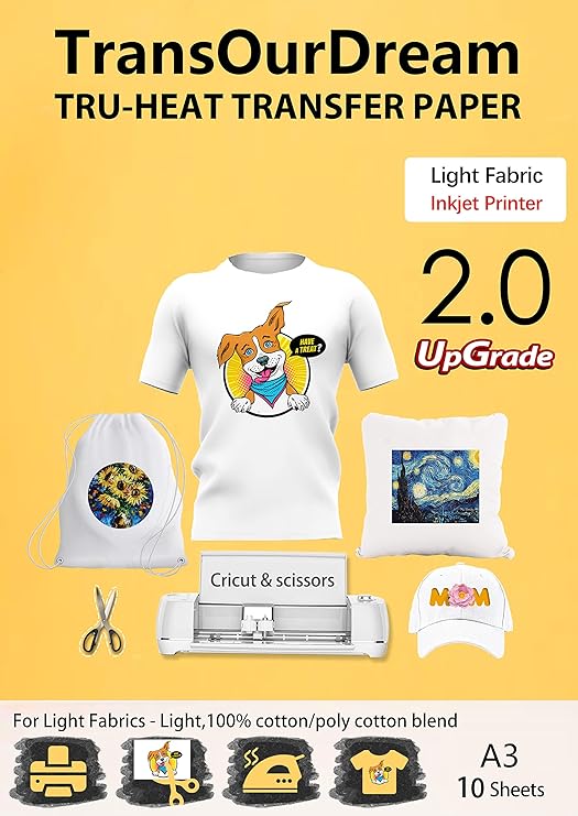 TransOurDream Tru-Iron on Heat Transfer Paper for Light Fabric (2nd Generation, A3, 10 Sheets) Printable Heat Transfer Vinyl for Inkjet Printer Iron On Transfers for White T-Shirts (TOD-6)
