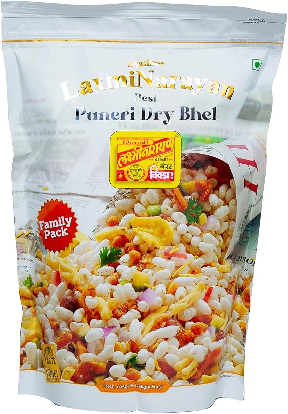 Lakshmi Stores Laxminarayan Puneri Dry Bhel 500g | Authentic Indian Spicy Puffed Rice Snack Mix | Crunchy Tea Time Chivda Namkeen Pouch