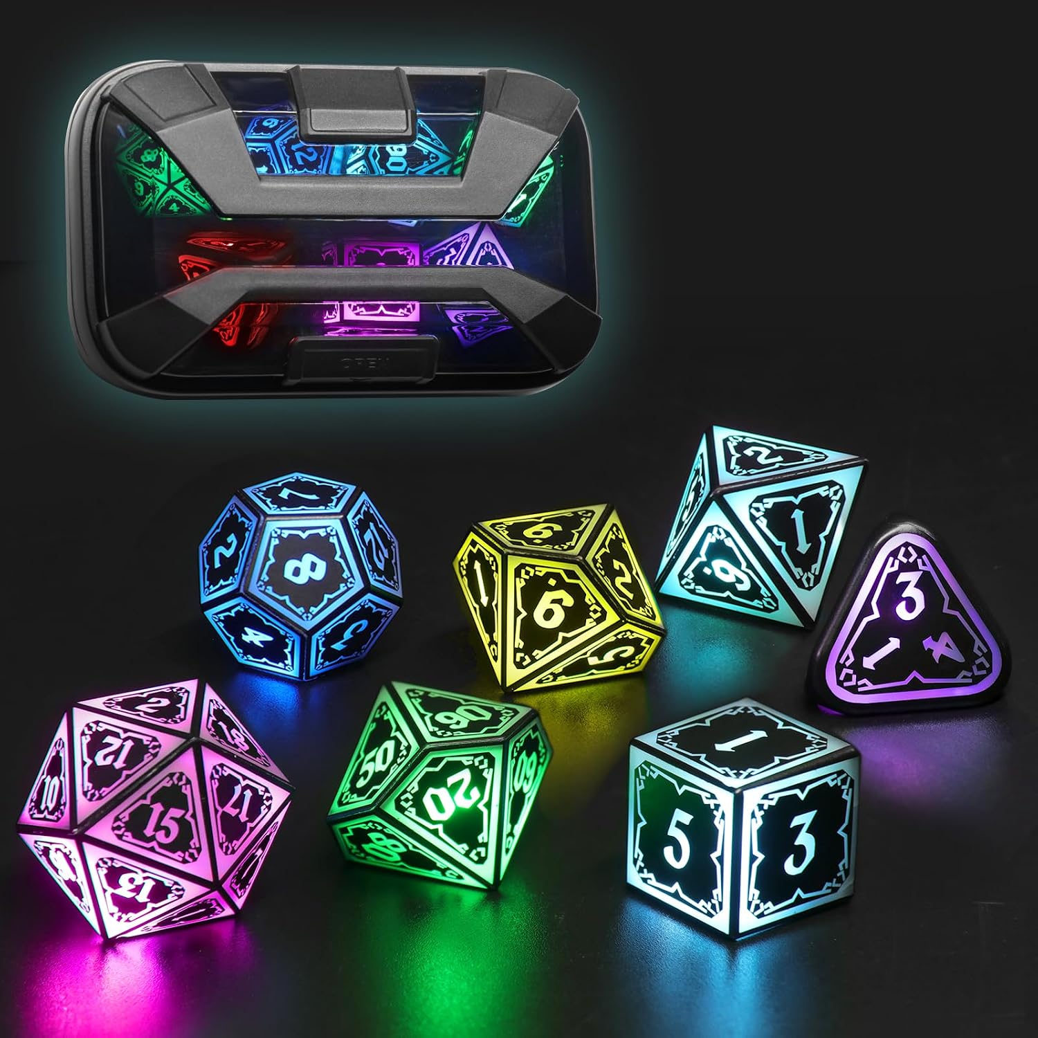 Wireless Light Up Dice Set D&D RGB for Dungeons and Dragons,Cool LED DND Dice with Charging Box Rechargeable 7 Color Polyhedral Role Playing Dice for DND Gifts RPGAstral Shard Black
