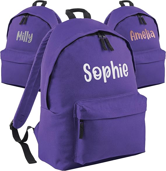 Print Maniacs Personalised School Backpack Large 18L Kids Travel Rucksack Junior Shoulder Collage Rucksack Back To School Girls Boys Lunch Swimming P.E Laptop Book Bag Name (Purple)