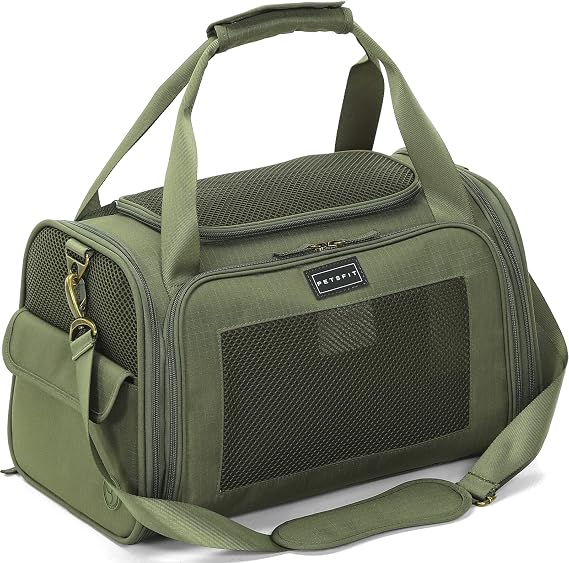 Petsfit Small Dog Carriers, Foldable Airplane Dog Carrier with Adjustable Shoulder Strap, Dog Travel Bag, with Mats, S/Green