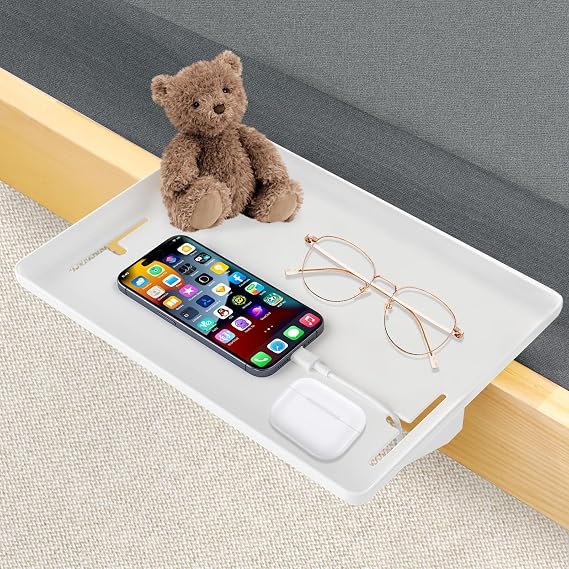 Bed Shelf Clip on Shelf Bedside Shelf for Bunk Bed & Top Bunk Clip-On Nightstand Tray Organizer with Cable Hole, Space Saving Bedside Storage for College Dorm Room, Premium Bedside Table (White)