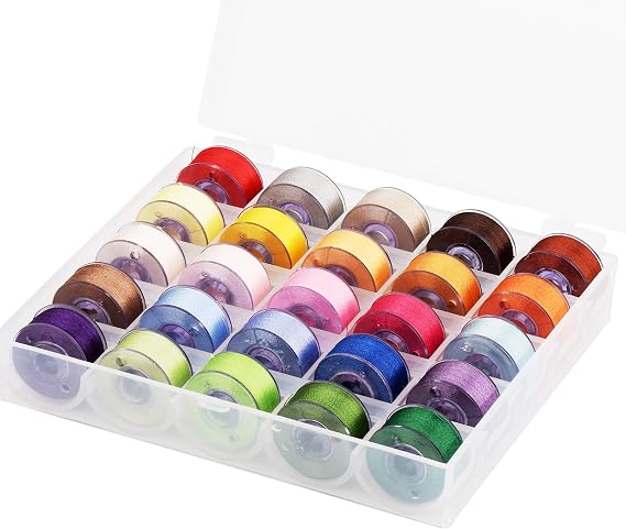 Simthread 25pcs Assorted Colors Size A Class 15 (SA156) 60WT Prewound Bobbins Thread with Clear Storage Plastic Box for Embroidery Thread Sewing Thread Machine DIY