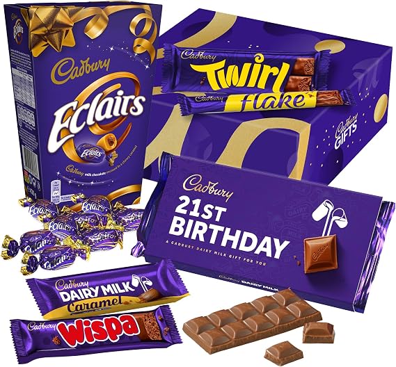 Cadbury "Happy 21st Birthday" Chocolate Gift - Full Size Cadbury Chocolate Bars including Flake, Caramel, Twirl, Dairy Milk and More.