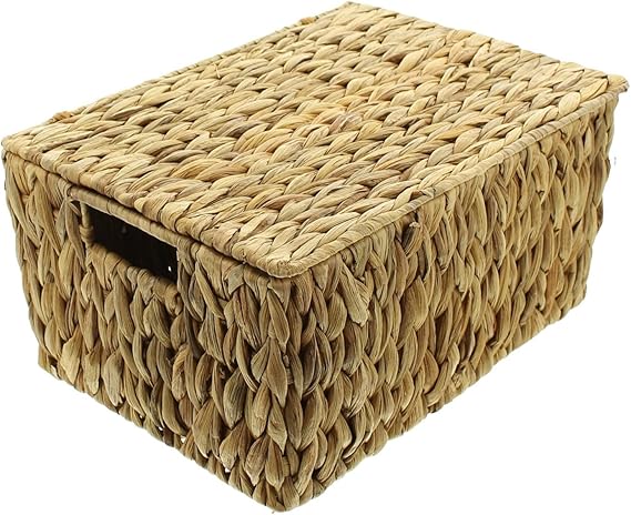 FRANK FLECHTWAREN Large Universal Chest with Lid Water Hyacinth on Metal Frame Approx. 35 x 25 x 17 cm Handmade Storage Living Room
