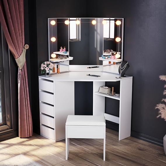 ELEGANT Corner Dressing Table Set with LED Lights, 54x111x142cm