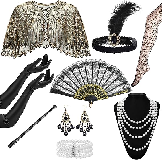 9 Pcs 1920s Flapper Accessories Set for Women, Roaring 20's Great Gatsby Accessories with Shawl Sequin Headband Gloves Necklace Earrings Lace Fan Bracelet Socks for Women Ladies Party