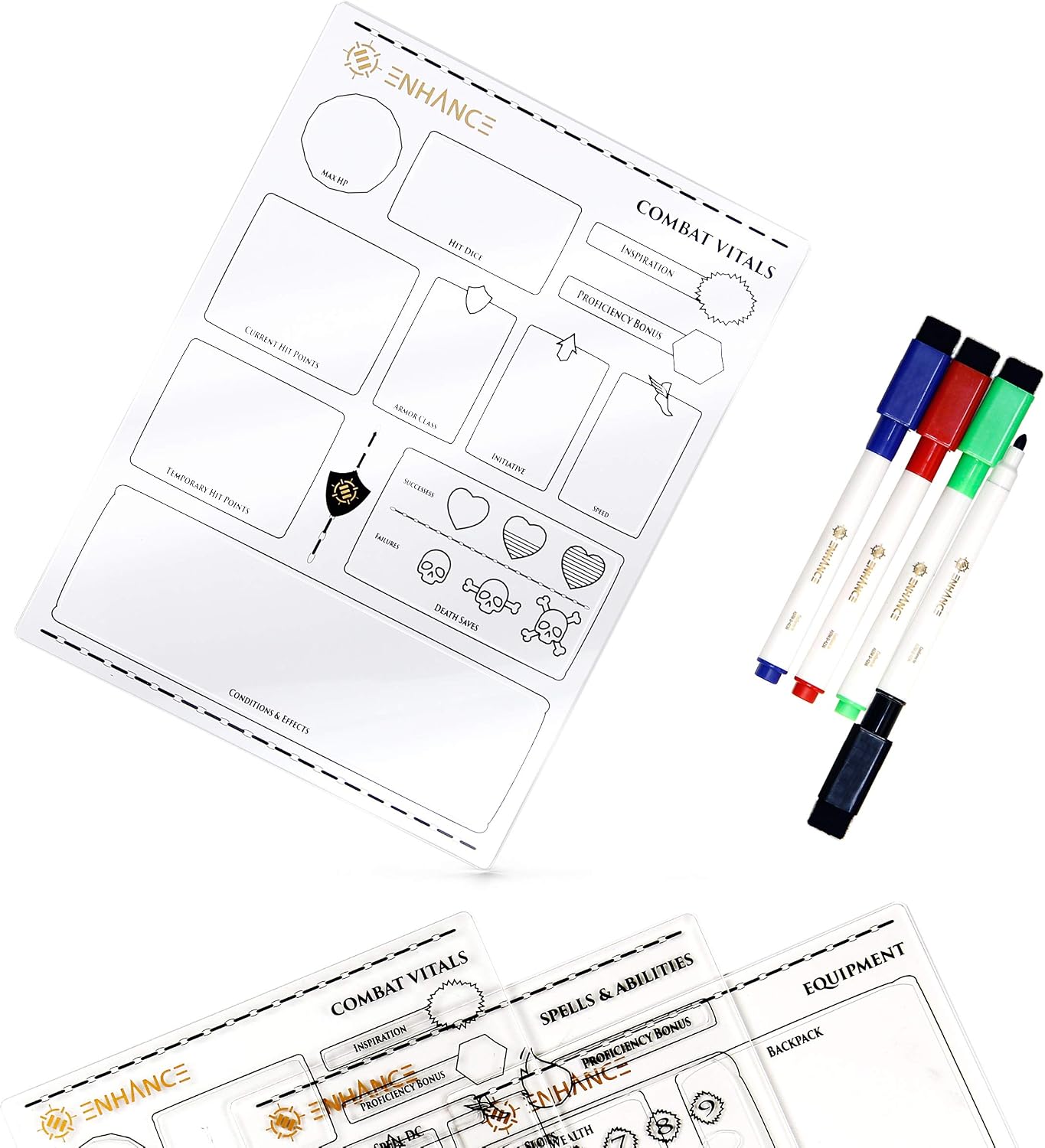 ENHANCE Tabletop Acrylic Character Sheet Set - Reusable 5e Dungeons and Dragons Character Sheets Combat, Spell, Equipment for All DnD 5e Classes - Includes 3 Sheets, Dry Erase Markers, Travel Pouch