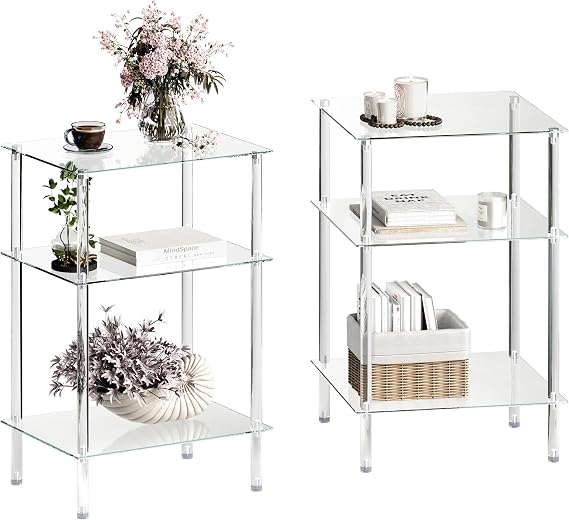 3-Tier Tempered Glass Side Tables, Set of 2 Acrylic End Table
