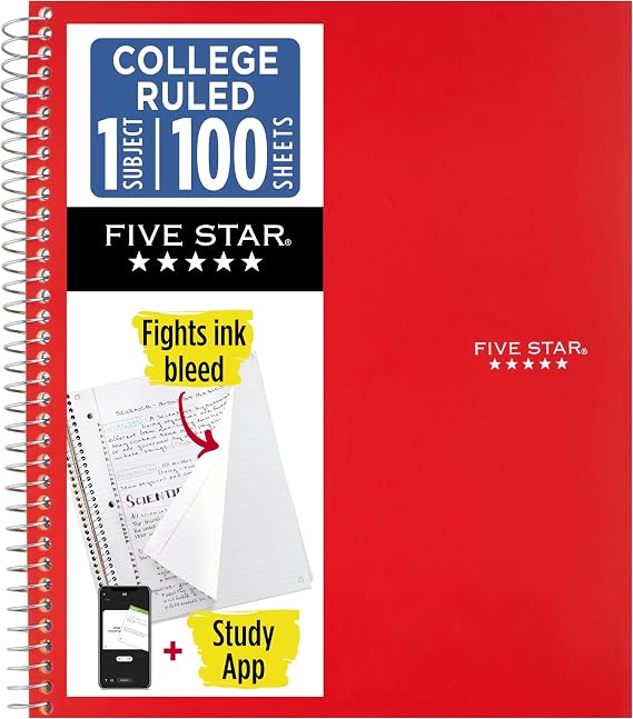 Five Star Spiral Notebook + Study App, 1 Subject, College Ruled 8.5" x 11" Paper, 100 Sheets, Fire Red (820002CK1)