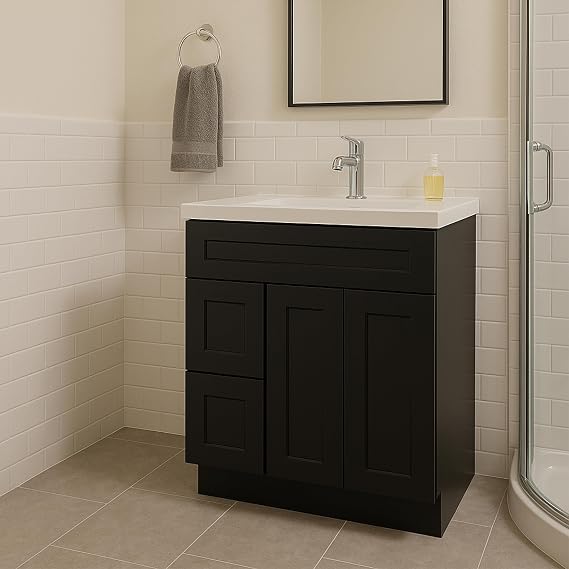 Black Shaker Bathroom Vanity Base – Solid Wood & Plywood Construction, Soft-Close Doors, Ready-to-Assemble Sink Cabinet only (36" Sink Base with Drawers)
