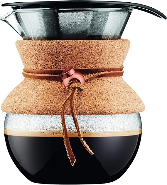Bodum POUR OVER Coffee Maker, 500ml / 17oz Glass Carafe with Reusable Stainless-Steel Filter and Removable Cork Grip, Manual Drip Coffee Brewer, 11592-109