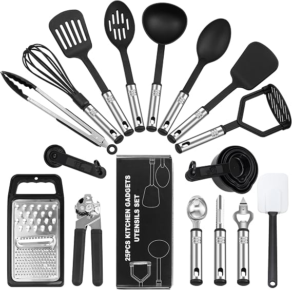 BEWOS 25pcs Nylon Kitchen Utensils Set, Non-Stick & Heat Resistant Cooking Utensils Set, Non-Toxic Kitchen Tools & Accessories, Cookware Tongs Spatula Spoon Set, Black
