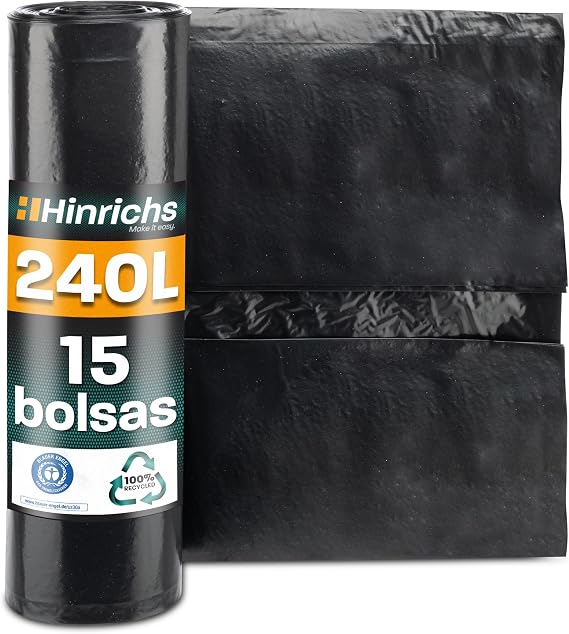 Hinrichs Extra Strong Trash Bags 240L – Roll of 15 Units – 100 x 125 cm – Heavy Duty Waste Sacks – Recycled LDPE Plastic – Black Waste Bags
