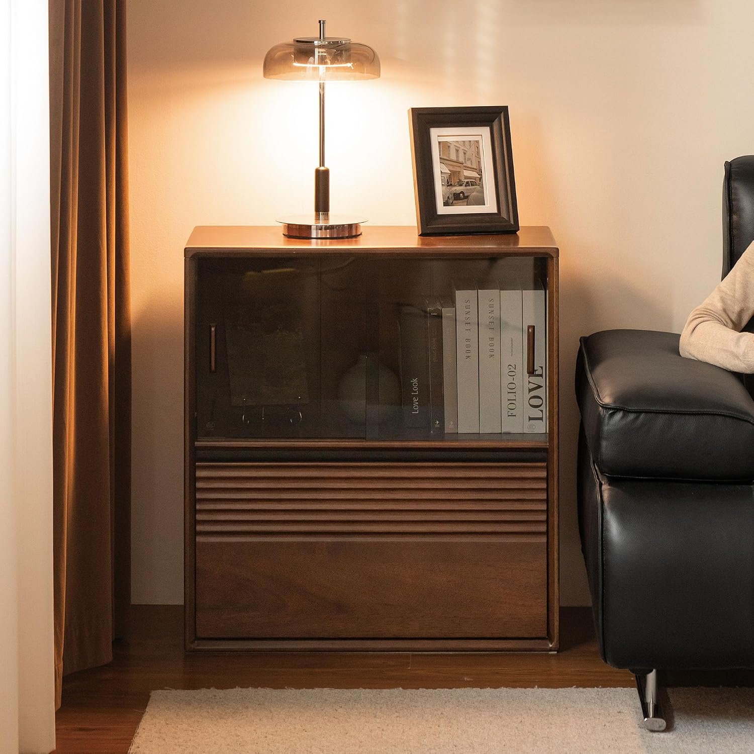 Solid Wood Storage Cabinet, Modular Unit with Glass Doors and Drawer, Free Combination Cabinet, Living Room Sideboard TV Stand, Bedroom Bedside Table, Entryway Console (Oak-Walnut Finish)