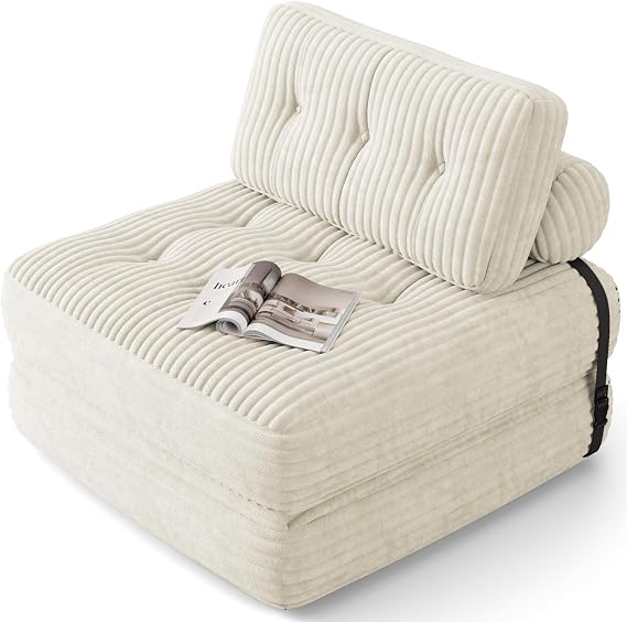 Xbro 2-in-1 Folding Sofa Bed, Corduroy Fabric, White