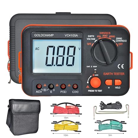 Digital Insulation Resistance Tester, Megohmmeter, 1999 LCD Backlit Display, Overload Protection, 3mA Non-RCD Triggered Test, VC4105A Ground Resistance Tester, Voltmeter, AC 200V, 2000Ω Range