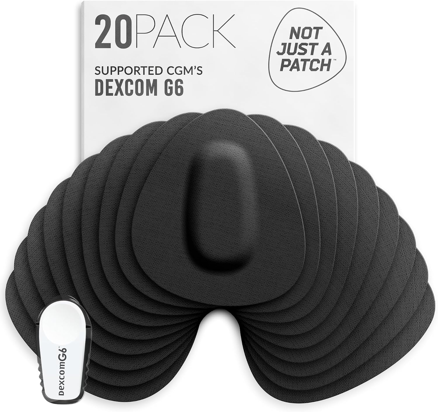 Not Just A Patch CGM Sensor Patches for Dexcom G6 & MiaoMiao 20 Pack - Water Resistant & Durable for Active Lifestyle for 10-14 Days - Pre-Cut Dexcom G6 Adhesive Patches in Black