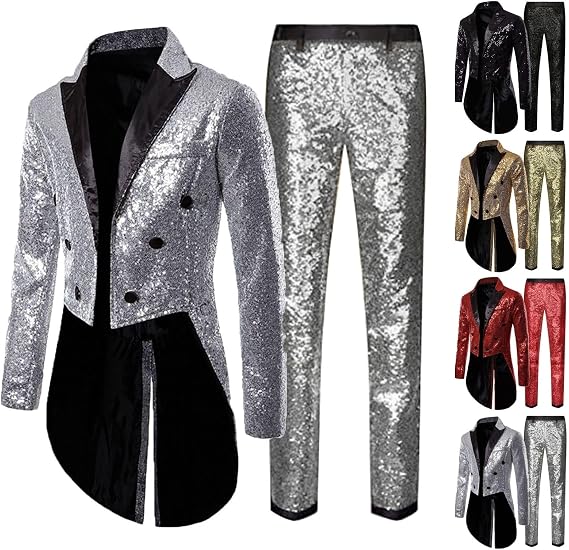 Men's Sequin Tailcoat Suit Set, Sparkly 2-Piece Fancy Dress Jacket and Trousers for Stage Performances, Themed Parties and Christmas Events