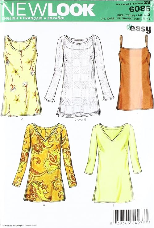 New Look A 10-12-14-16-18-20-22 Sewing Pattern 6086 Misses Tops, White
