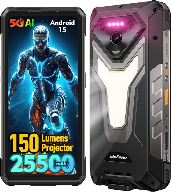 Ulefone Armor 34 Pro 5G AI Outdoor Mobile Phone with 150 Lumen Projector Android 15 25500 mAh Outdoor Smartphone 32GB RAM + 512GB ROM 6.95 Inch FHD+ Construction Site Mobile Phone 64MP Night Vision +50MP Warning Light/IP68/WiFi 6E