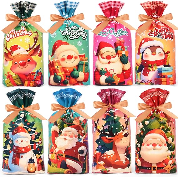 Ahfulife 48Pcs Christmas Candy Bags, 8 Style XMAS Drawstring Candy Bags Merry Christmas Sweets Treat Bags, Treat Gift Bags Sweets Biscuit Xmas Party Gift Supplies for Kids Home Party Decorations