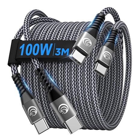 USB C to USB C Cable 3m 2Pack, 100W C to C Charger Cable Fast Charge USBC Type C Charging Lead for iPhone 16 15 Pro Max Plus MacBook iPad Air/Pro Samsung Galaxy S24/S23/S22 Ultra Pixel 8 Switch XPS