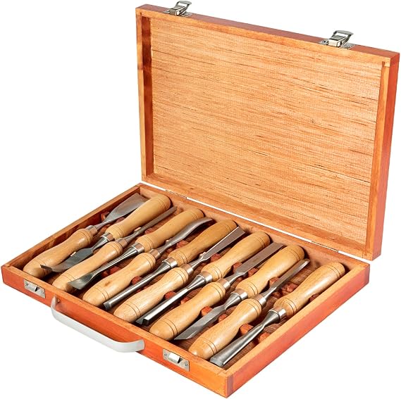 Vevor Wood Carving Chisel Set of 12 Wood Carving Hand Chisel 3-3/4" Blade Length Wood Carving Chisel with Red Eucalyptus Handle Wood Tool Box for Wood Carving, Root Carving, Furniture Carving Lathe