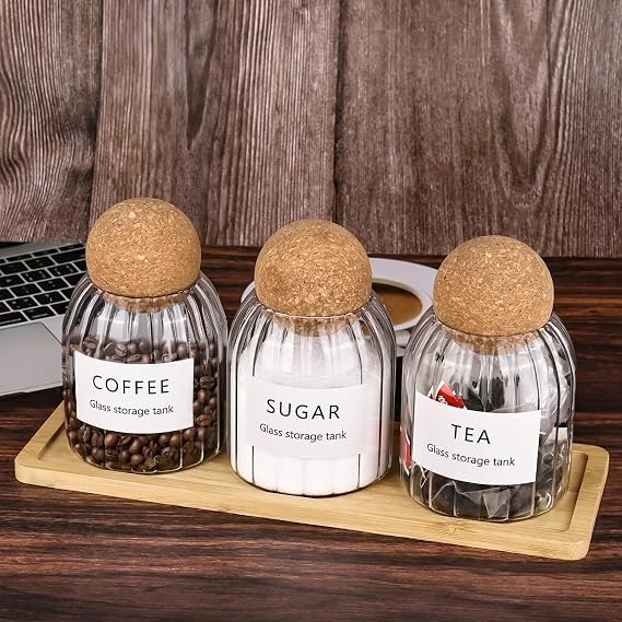 Tea Coffee and Sugar Canisters Set - Set of 3 Cork Ball 500ml Glass Jars,with Twooden tray, Tea Coffee Sugar Canisters, Teas Coffees Sugar Storage Set Decorative Storage Tins for Home Kitchen