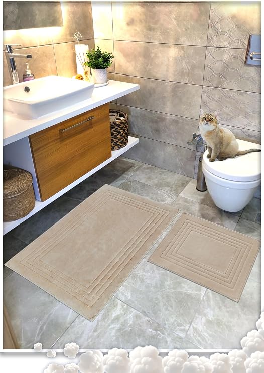 %100 Pamuk Dokuma Su Emici Banyo Paspas Seti, Banyo Halısı Vera 2 Li Set 60x100-60x50 (BEJ)