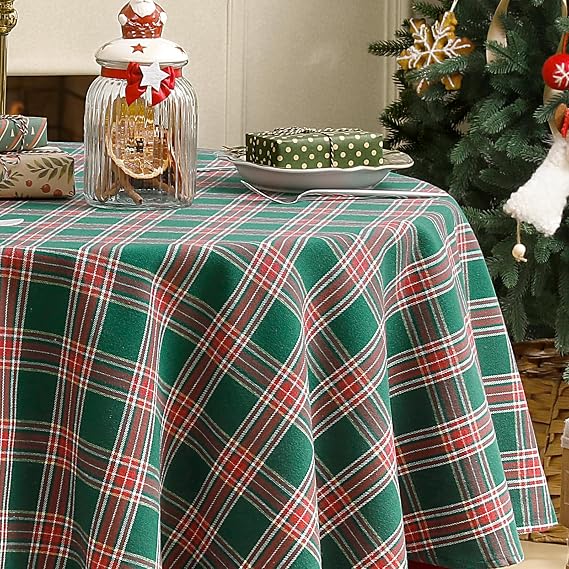 Softalker Small Xmas Table Cloth Round 120 cm Diameter Christmas Green Tartan Tablecloth Wipe Clean New Year Table Cover Festive Decoration for Autumn Coffee Birthday Party Outdoor Garden Tabletop