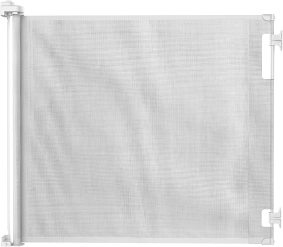Hakuna Pets Indoor/Outdoor Retractable Dog Gate, Paw Proof UV Resistant Mesh, 3-Way Locking, One-Handed Operation, Manual Tension, Installs Anywhere, 93cm Tall Extends to 1.8m Wide (White)