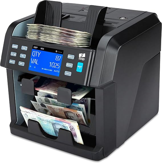 ZZap NC70 Mixed Denomination Banknote Counter/Counterfeit Detector/2 Pocket Sorter - Money Cash Currency Value Machine