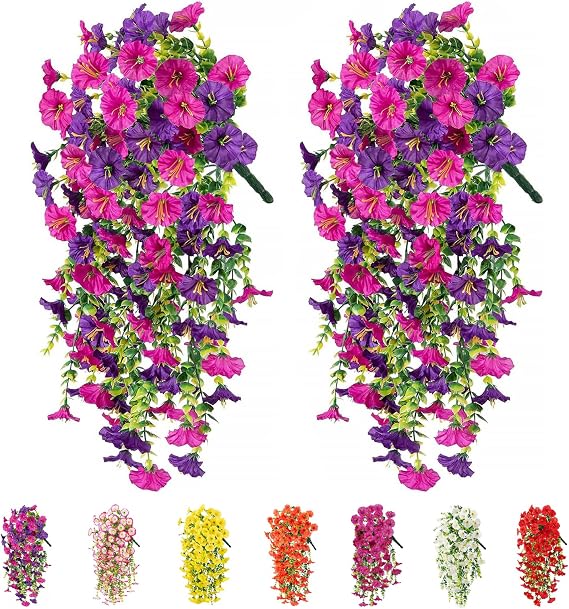 2Pcs Artificial Hanging Flowers Outdoor, Fake Trailing Plants Morning Glory Decoration UV-Resistant for Hanging Baskets - Spring Decor Garden Porch Wedding , Drooping Design for Pots & Patio (Purple)