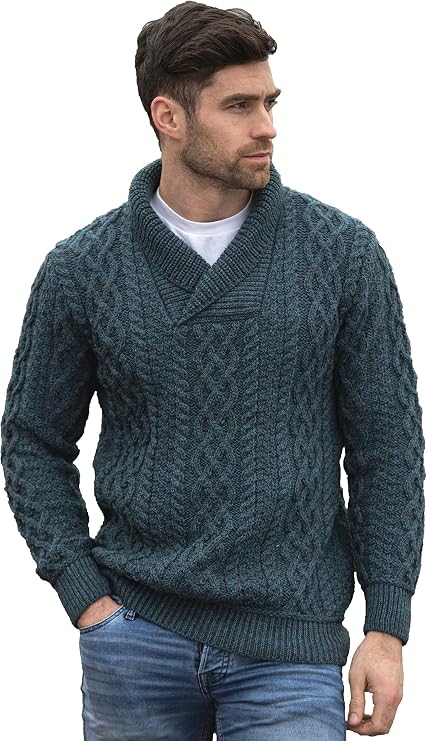 Aran Crafts Men's Soft Irish Cable Knit Shawl Collar Sweater (100% Merino Wool)