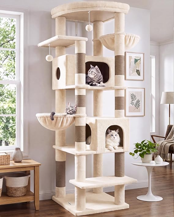 Globlazer Beige Large Tall Scratching Tree 19 cm with 2 Large Nests, 48 x 48 cm Padded Platforms, 2 Plush Basket, Stable Tree Tower for Large Cat 3-5 Adult Cats Over 11 lbs (S74, Beige)