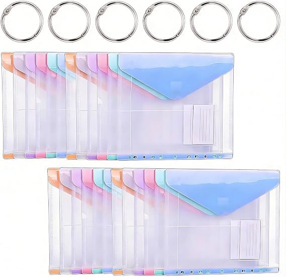 Plastic Wallets A4, 24Pcs Punched Pockets Expandable Plastic Document Files, A4 Wallets Folders with Popper and Label Pocket for School Office Home and Travel (6 Colors