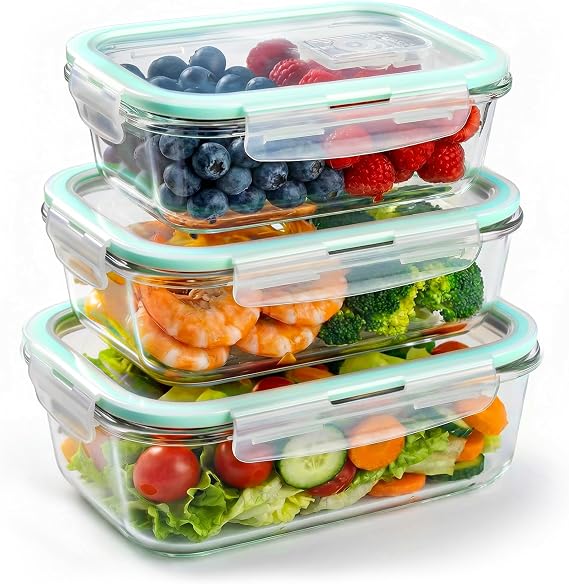 Glass containers with lids 3 Pack, BPA-Free, Office & Fitness