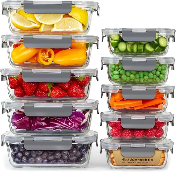 GOOD FOR YOU - Meal Prep Boxes & Glass Food Storage Containers Set - 20 Pieces (10 Containers & 10 Lids) Dishwasher Microwave & Freezer Safe BPA-Free Borosilicate Glass Containers