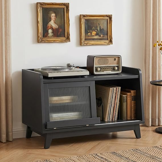 FEONASE Record Player Stand, With Power Outlet And Sliding Glass Door, Wooden Record Player Table Can Hold 200+ Albums Open Storage Space Turntable Stand for Music Living Room (Black)