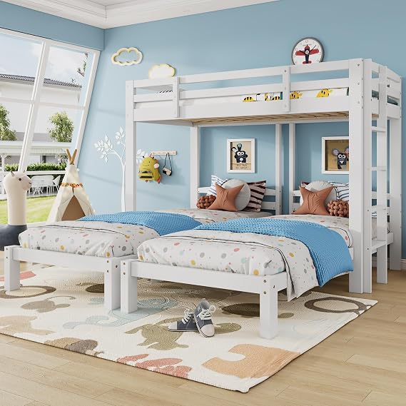 Triple Sleeper Bunk Bed, 3ft Single Triple Loft Bed With Side Ladder, Solid Pine Wooden 3 Beds for Children Teens Adults, White, 90x190 cm + 90x200 cm