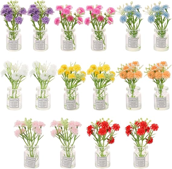 16pcs Mini Flowers Vase Bouquet Potted Plants Tiny Fairy Garden Dollhouse Floral Accessories Kits Glowing Flower Vase Figurines SetFake Plant Pots Car Cake Terrarium Landscape Desktop Ornament Decor